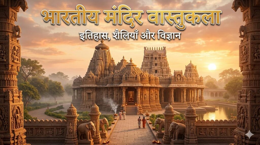 भारतीय मंदिर वास्तुकला का भव्य मंदिर दृश्य जिसमें शिखर और नक्काशी दिखाई दे रही है