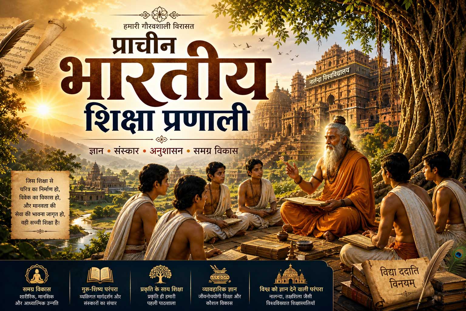 प्राचीन भारतीय शिक्षा प्रणाली का चित्र जिसमें गुरुकुल में गुरु शिष्यों को शिक्षा देते हुए, नालंदा और तक्षशिला की झलक