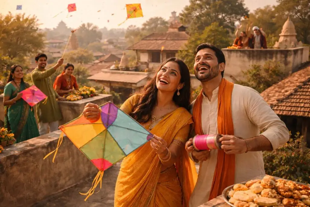 मकर संक्रांति पर पतंग उड़ाते लोग