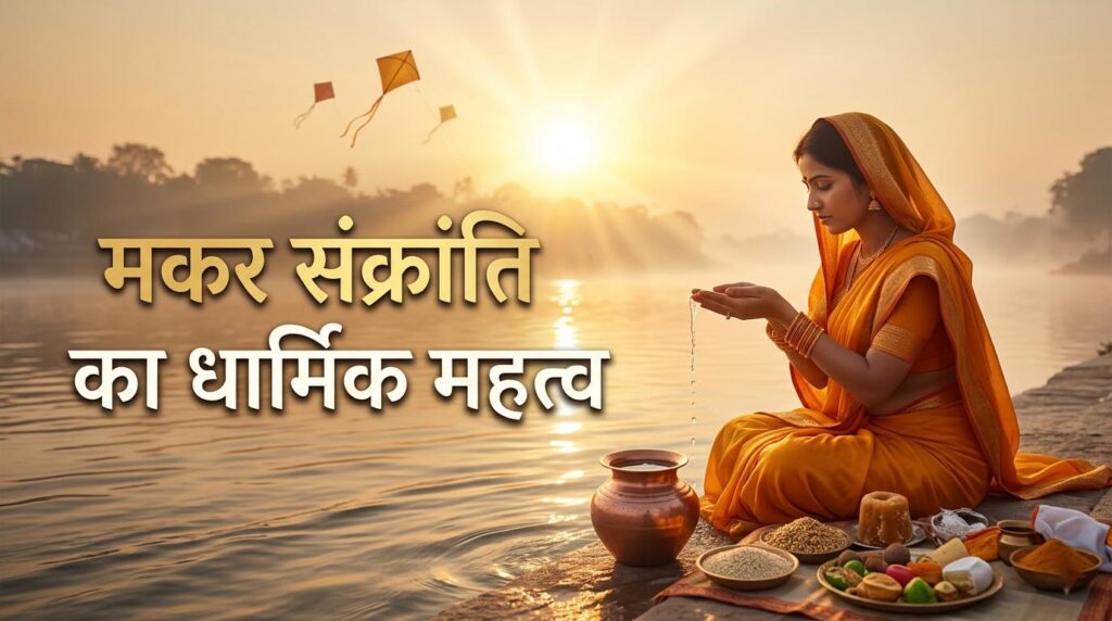 मकर संक्रांति पर सूर्य को अर्घ्य देते हुए भक्त, दान और पुण्य का धार्मिक दृश्य