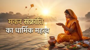 मकर संक्रांति पर सूर्य को अर्घ्य देते हुए भक्त, दान और पुण्य का धार्मिक दृश्य