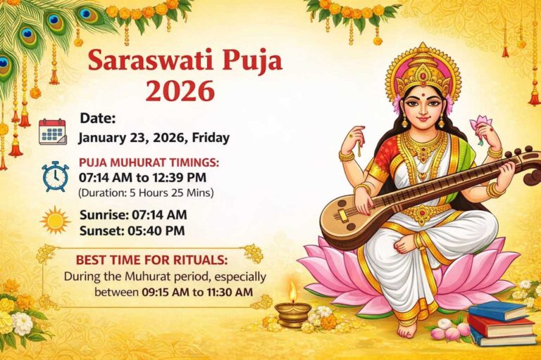 Saraswati Puja 2026 illustration showing Goddess Saraswati seated on lotus with veena on Basant Panchami