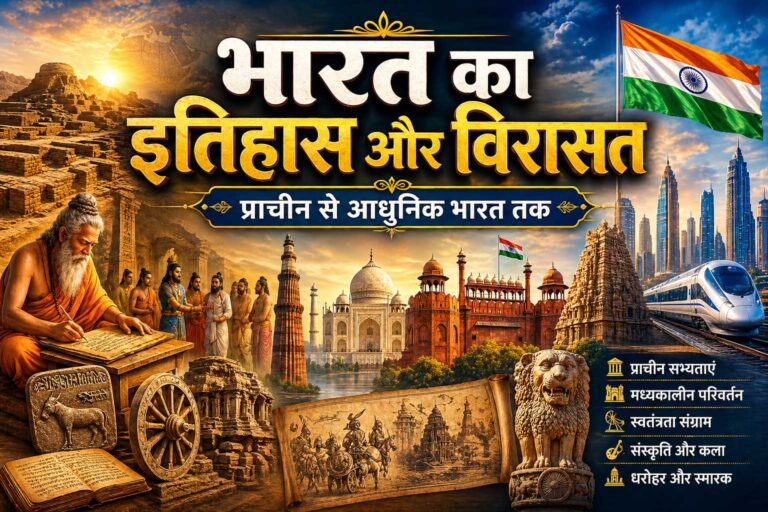 भारत का इतिहास और विरासत – प्राचीन से आधुनिक भारत तक का दृश्य चित्रण