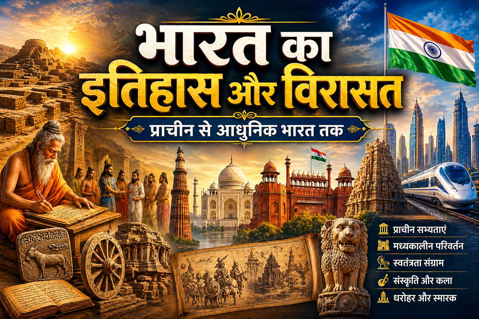 भारत का इतिहास और विरासत – प्राचीन से आधुनिक भारत तक का दृश्य चित्रण