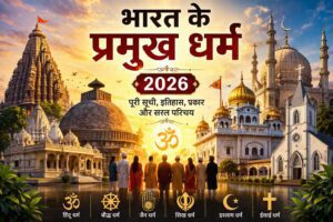 भारत के प्रमुख धर्म 2026 का चित्र जिसमें हिन्दू, बौद्ध, जैन, सिख, इस्लाम और ईसाई धर्म के प्रतीक और धार्मिक स्थल दिखाए गए हैं