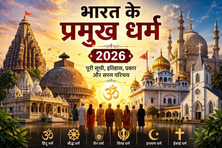 भारत के प्रमुख धर्म 2026 का चित्र जिसमें हिन्दू, बौद्ध, जैन, सिख, इस्लाम और ईसाई धर्म के प्रतीक और धार्मिक स्थल दिखाए गए हैं