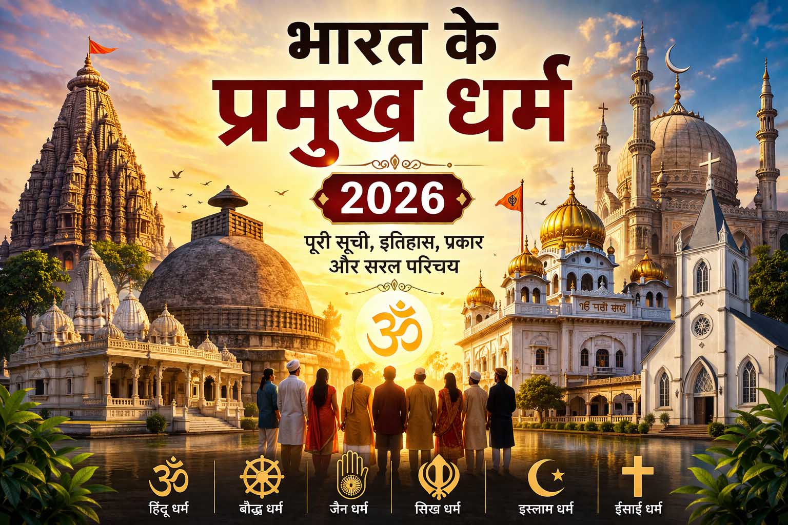 भारत के प्रमुख धर्म 2026 का चित्र जिसमें हिन्दू, बौद्ध, जैन, सिख, इस्लाम और ईसाई धर्म के प्रतीक और धार्मिक स्थल दिखाए गए हैं