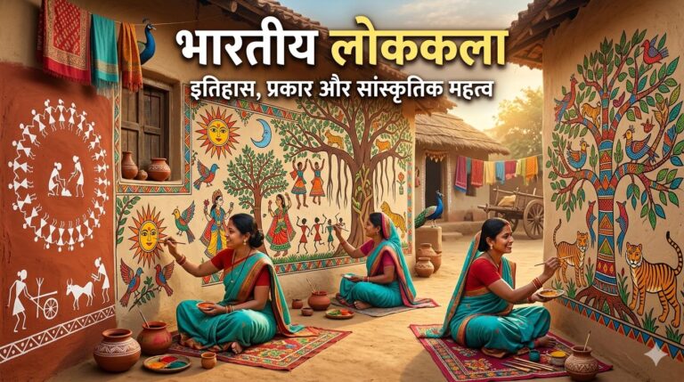 भारतीय लोककला का रंगीन चित्र जिसमें मधुबनी, वारली और गोंड कला के पारंपरिक पैटर्न दिख रहे हैं