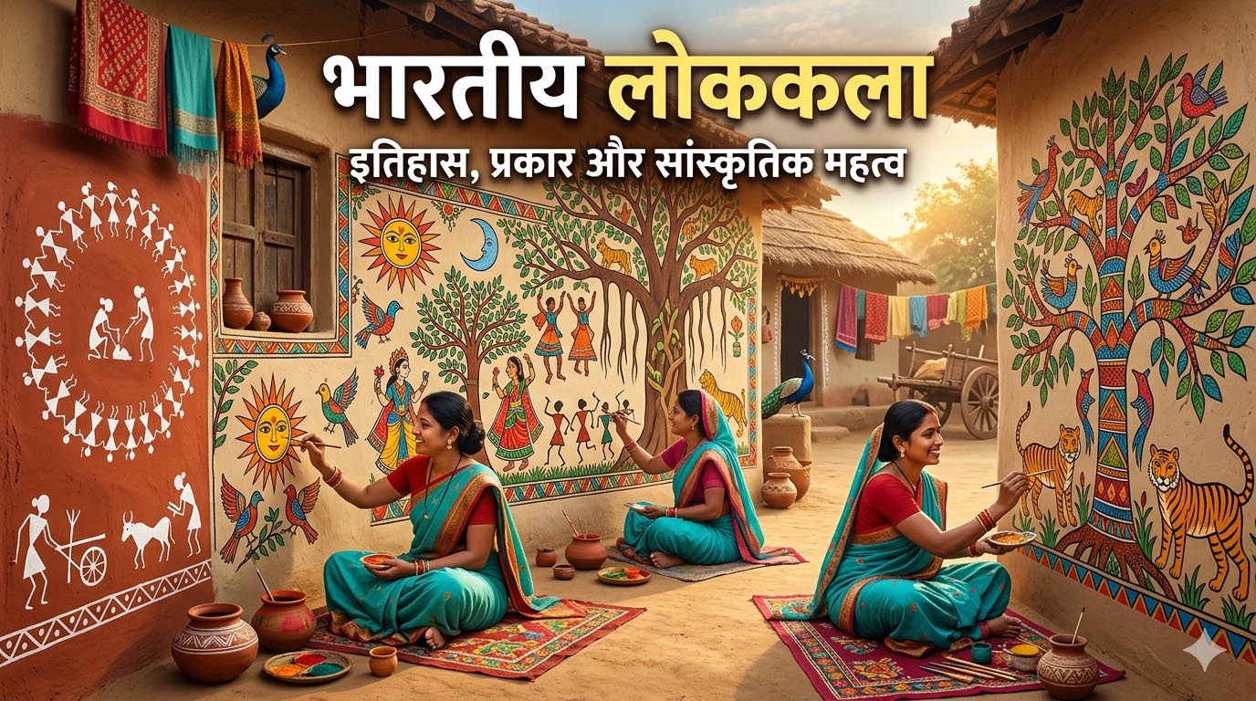 भारतीय लोककला का रंगीन चित्र जिसमें मधुबनी, वारली और गोंड कला के पारंपरिक पैटर्न दिख रहे हैं