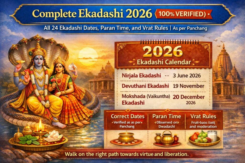 सम्पूर्ण एकादशी 2026 कैलेंडर जिसमें सभी 24 एकादशी की तिथि, पारण समय और व्रत नियम पंचांग अनुसार दिखाए गए हैं
