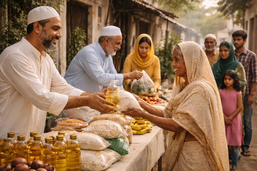 ईद-उल-फितर पर जरूरतमंदों को दान और फ़ित्रा देते लोग