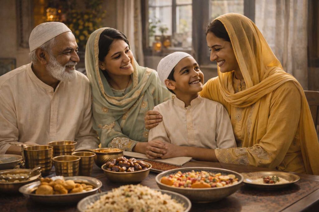ईद-उल-फितर के अवसर पर परिवार के साथ घर में खुशियाँ मनाते लोग