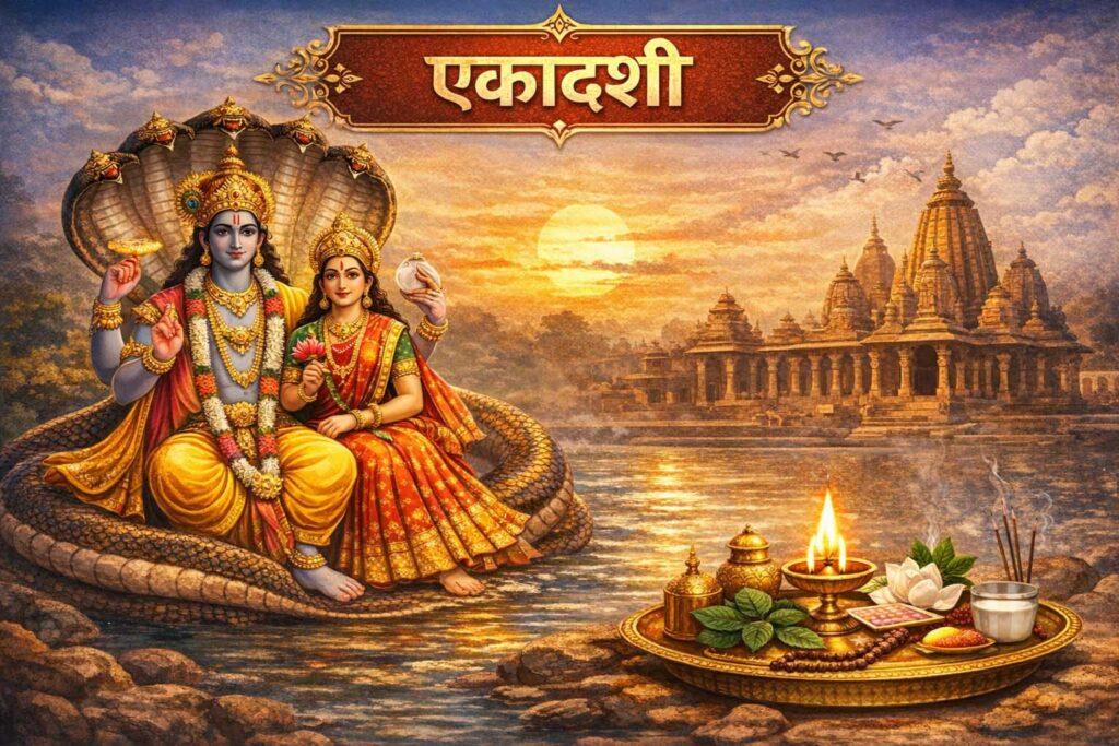 एकादशी 2026 व्रत के अवसर पर भगवान विष्णु और माता लक्ष्मी की पूजा का चित्र