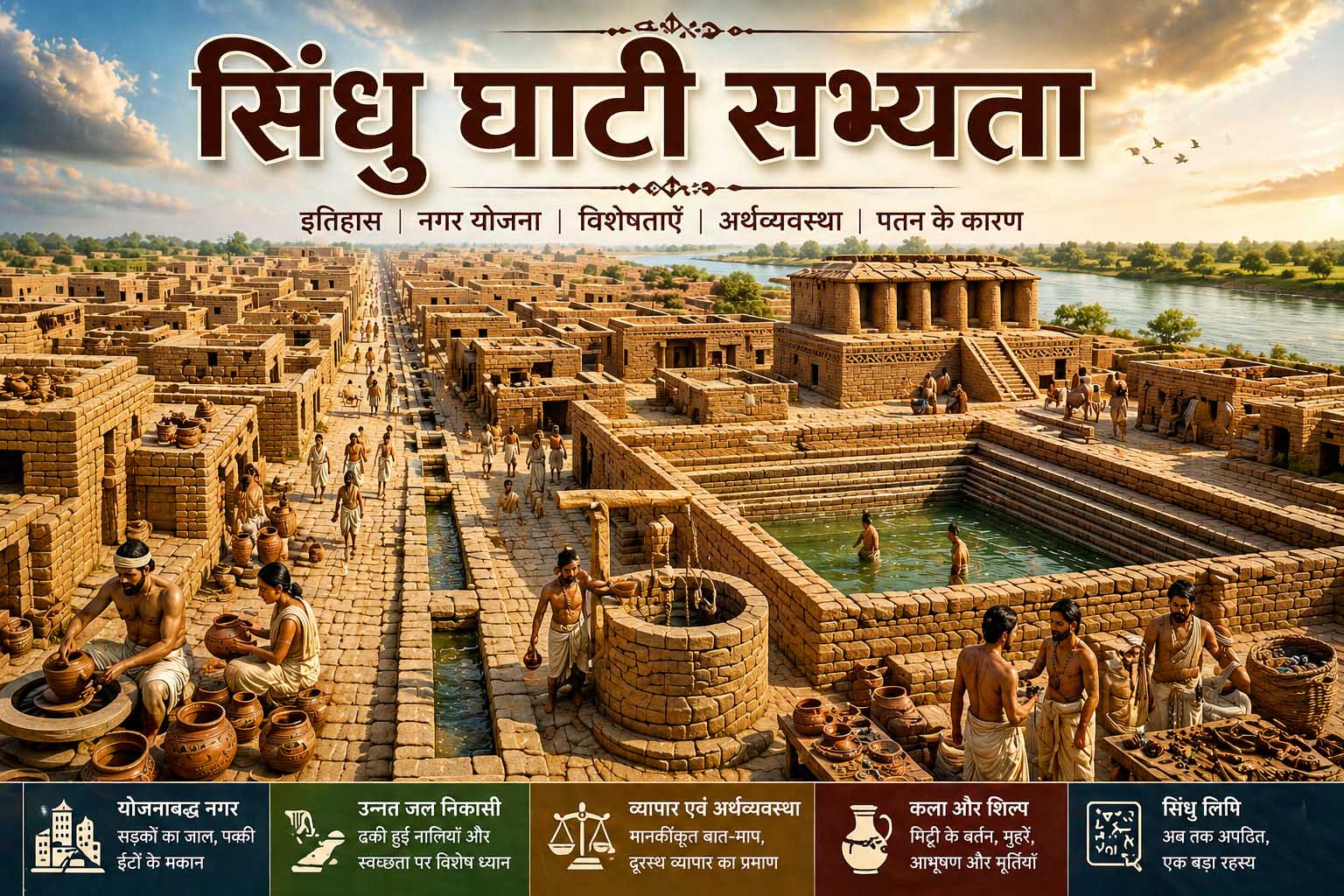 सिंधु घाटी सभ्यता का नगर दृश्य जिसमें पक्की ईंटों के मकान, ग्रिड योजना और जल निकासी प्रणाली दिखाई गई है