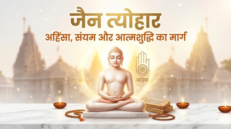 जैन त्योहार: महावीर जयंती, पर्युषण और अहिंसा का आध्यात्मिक महत्व दर्शाता चित्र