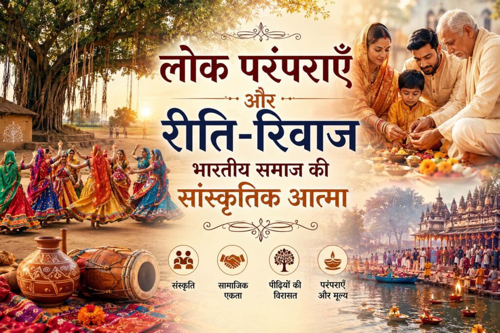 भारतीय लोक परंपराओं, रीति-रिवाजों और सांस्कृतिक उत्सव को दर्शाता पारंपरिक ग्रामीण दृश्य