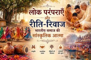 भारतीय लोक परंपराओं, रीति-रिवाजों और सांस्कृतिक उत्सव को दर्शाता पारंपरिक ग्रामीण दृश्य