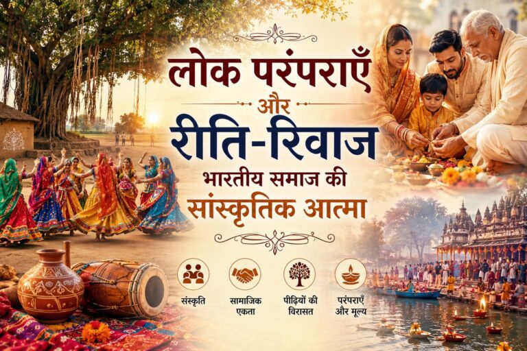 भारतीय लोक परंपराओं, रीति-रिवाजों और सांस्कृतिक उत्सव को दर्शाता पारंपरिक ग्रामीण दृश्य