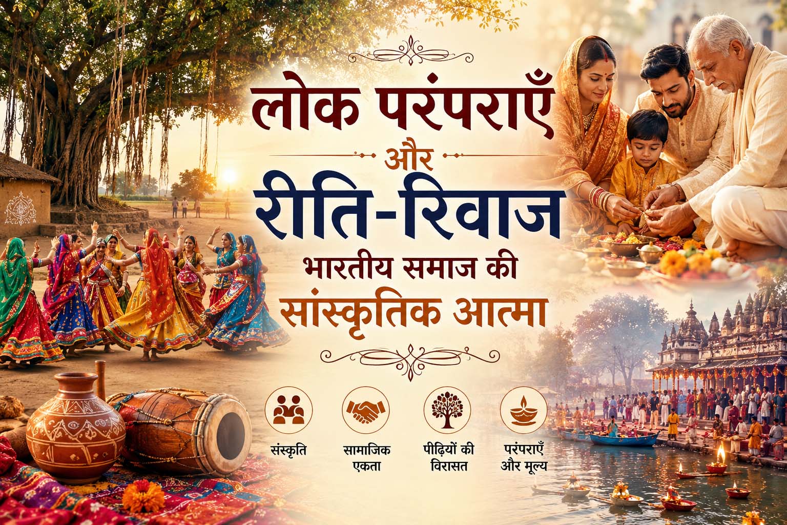 भारतीय लोक परंपराओं, रीति-रिवाजों और सांस्कृतिक उत्सव को दर्शाता पारंपरिक ग्रामीण दृश्य