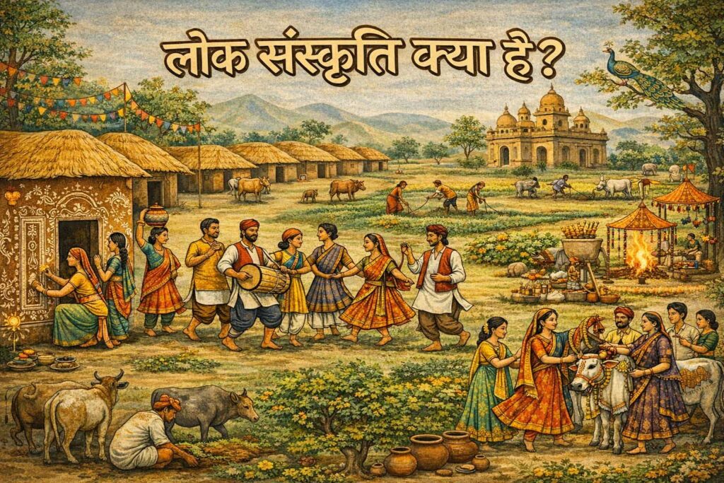 भारतीय लोक संस्कृति का ग्रामीण जीवन दर्शाता चित्र
