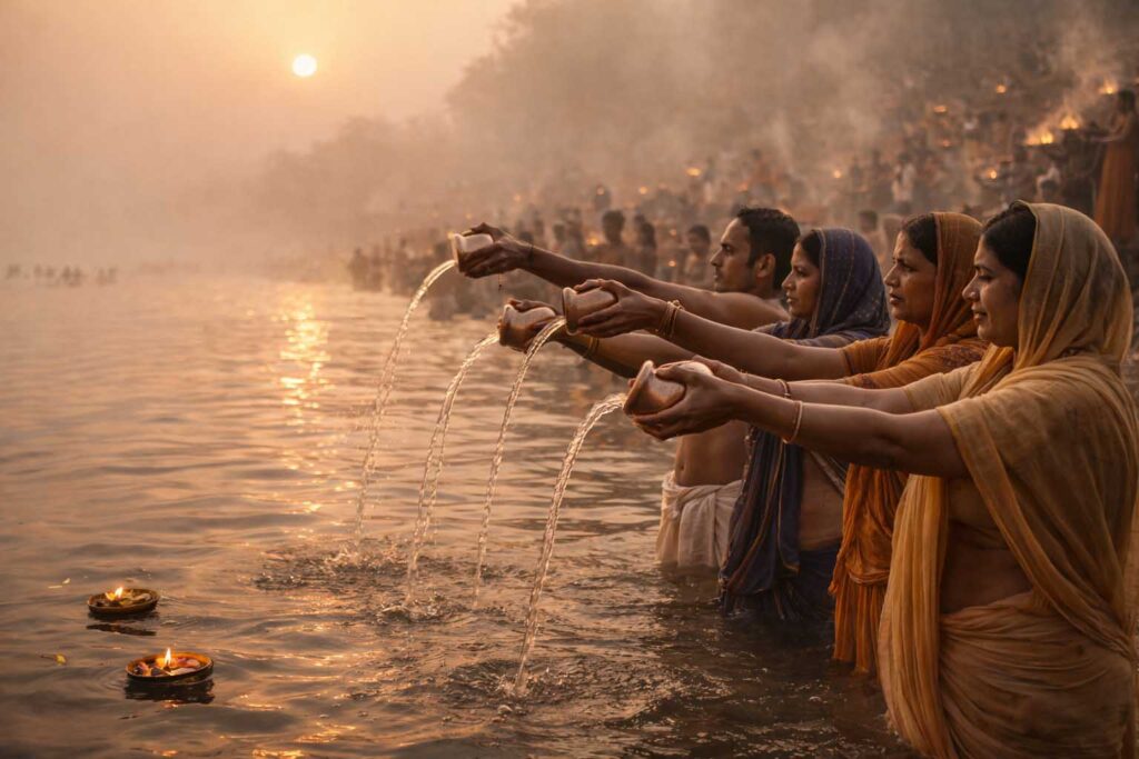 मकर संक्रांति 2026 पर सूर्य को अर्घ्य देते श्रद्धालु