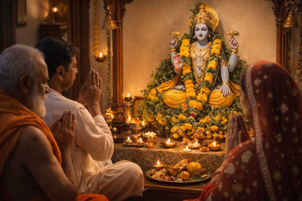 पुत्रदा एकादशी व्रत में भगवान विष्णु की पूजा करते श्रद्धालु