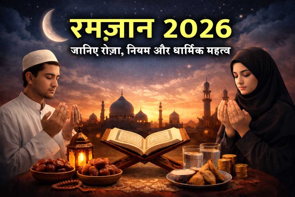 रमज़ान 2026 में रोज़ा और इबादत करते मुसलमान, कुरआन और मस्जिद के साथ
