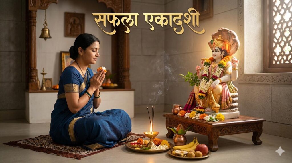 सफला एकादशी व्रत पर भगवान विष्णु की पूजा करते हुए भक्त और पूजा सामग्री का दृश्य