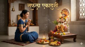 सफला एकादशी व्रत पर भगवान विष्णु की पूजा करते हुए भक्त और पूजा सामग्री का दृश्य