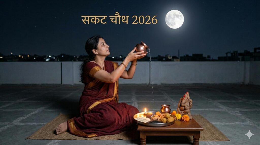 सकट चौथ 2026 पर चंद्रमा को अर्घ्य देती हुई महिला और भगवान गणेश की पूजा का दृश्य