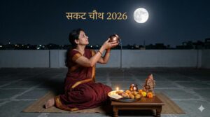 सकट चौथ 2026 पर चंद्रमा को अर्घ्य देती हुई महिला और भगवान गणेश की पूजा का दृश्य