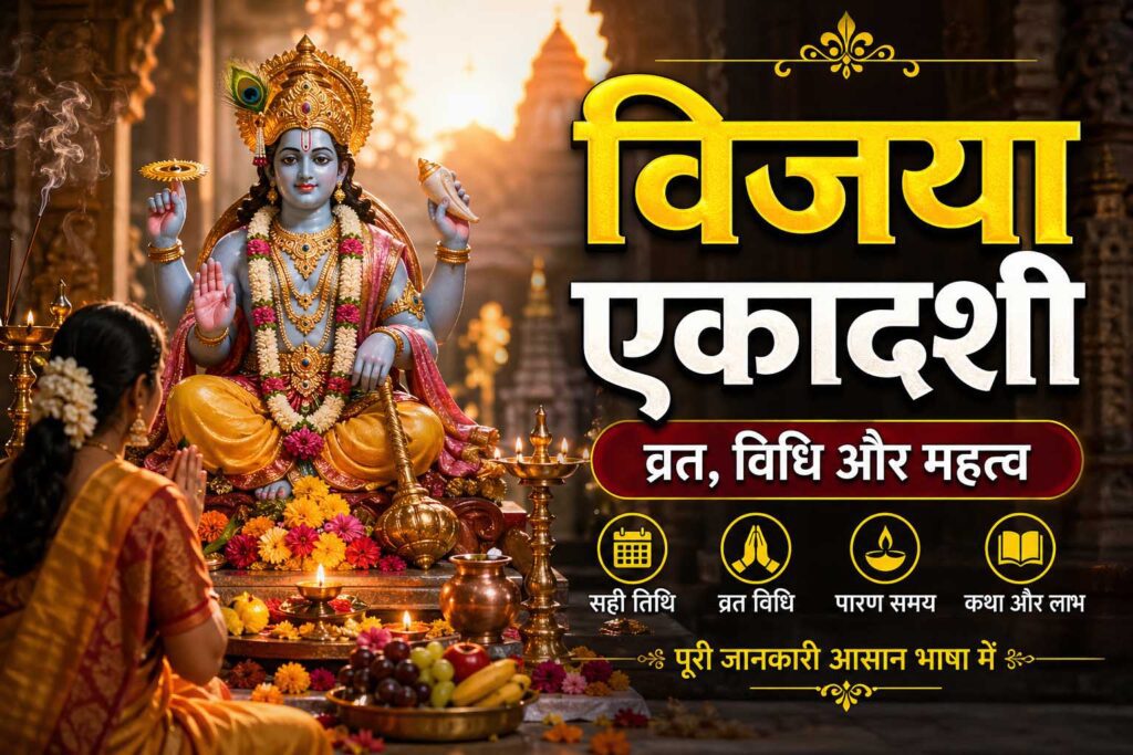 विजया एकादशी व्रत विधि और भगवान विष्णु पूजा दृश्य