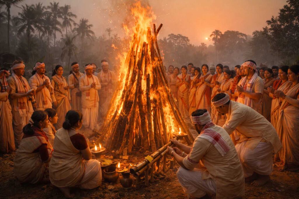 माघ बिहू में मेज़ी के चारों ओर सामूहिक उत्सव