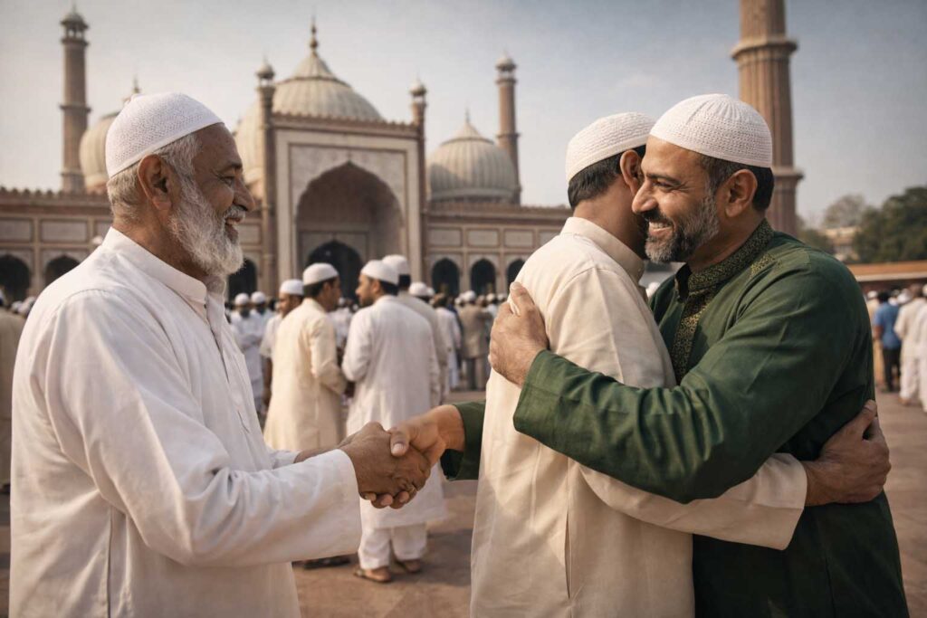 मुस्लिम त्योहार के अवसर पर नमाज़ के बाद एक-दूसरे को मुबारकबाद देते लोग