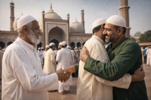 मुस्लिम त्योहार के अवसर पर नमाज़ के बाद एक-दूसरे को मुबारकबाद देते लोग