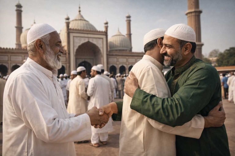 मुस्लिम त्योहार के अवसर पर नमाज़ के बाद एक-दूसरे को मुबारकबाद देते लोग
