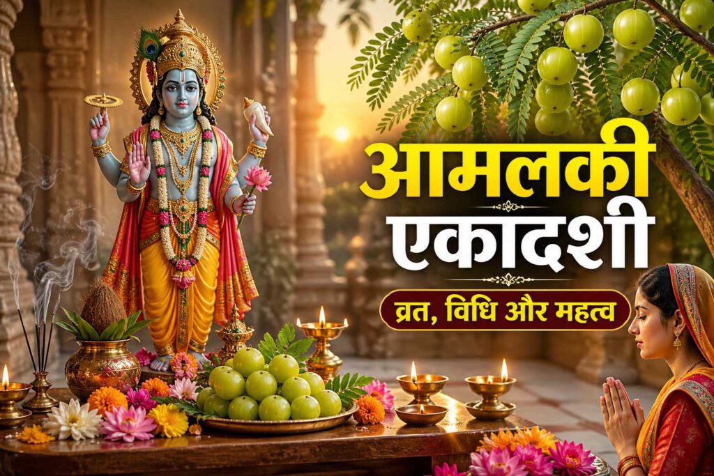 आमलकी एकादशी व्रत और आंवला वृक्ष के साथ भगवान विष्णु पूजा दृश्य