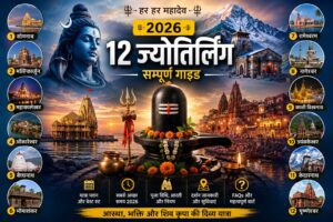 भारत के 12 ज्योतिर्लिंगों का राज्यवार मानचित्र, जिसमें सोमनाथ, महाकालेश्वर, काशी विश्वनाथ, केदारनाथ और अन्य पवित्र शिव धाम दर्शाए गए हैं।