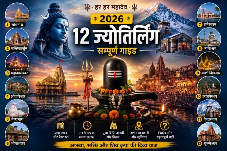 भारत के 12 ज्योतिर्लिंगों का राज्यवार मानचित्र, जिसमें सोमनाथ, महाकालेश्वर, काशी विश्वनाथ, केदारनाथ और अन्य पवित्र शिव धाम दर्शाए गए हैं।