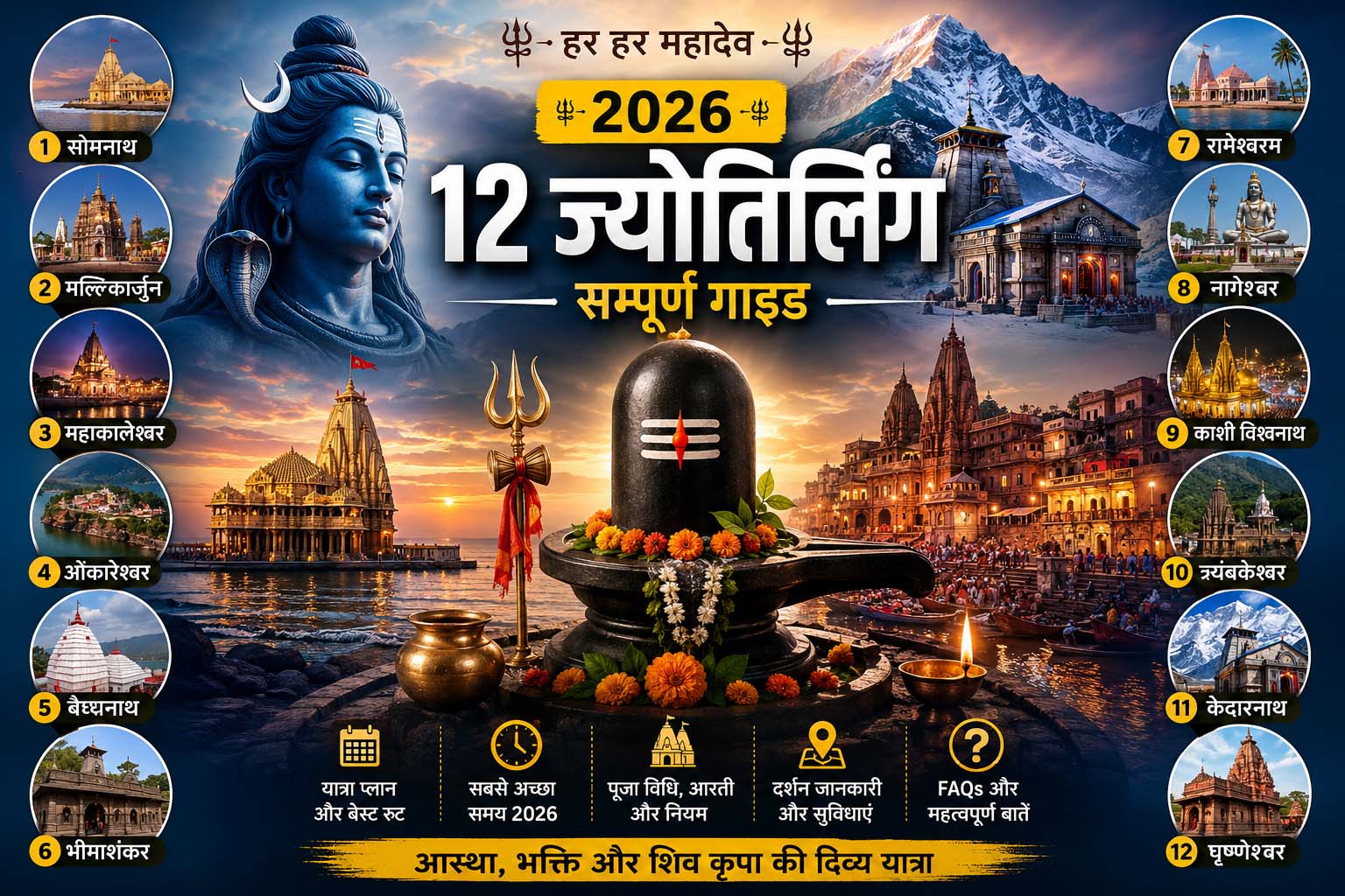 भारत के 12 ज्योतिर्लिंगों का राज्यवार मानचित्र, जिसमें सोमनाथ, महाकालेश्वर, काशी विश्वनाथ, केदारनाथ और अन्य पवित्र शिव धाम दर्शाए गए हैं।
