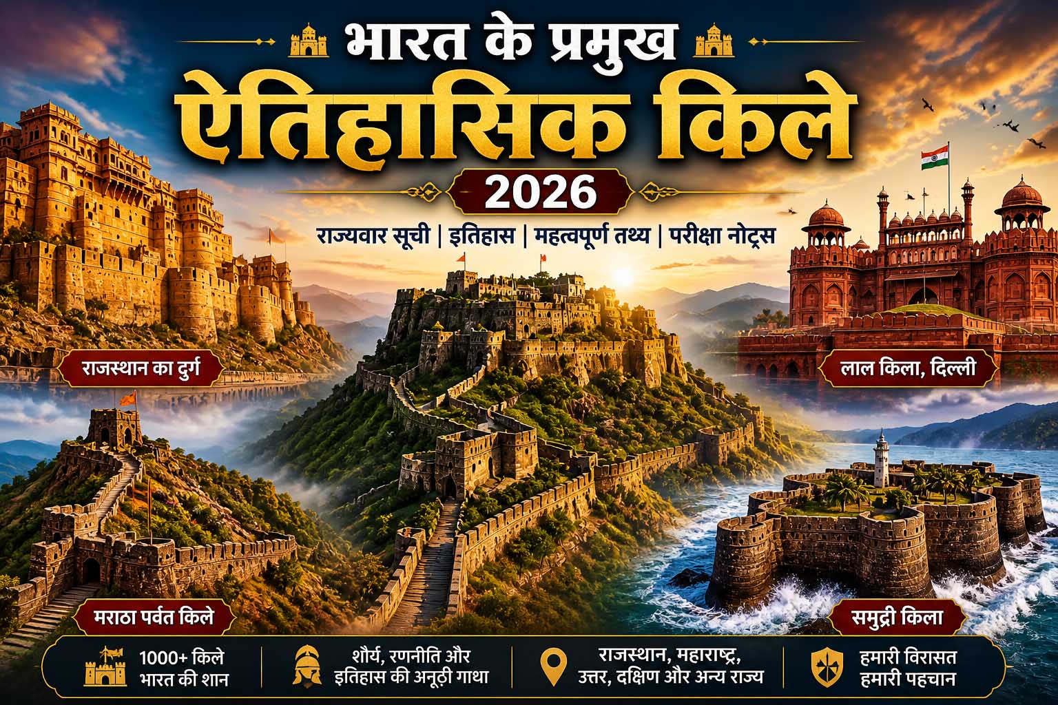 भारत के प्रमुख ऐतिहासिक किले 2026 का चित्र जिसमें राजस्थान, महाराष्ट्र, उत्तर और दक्षिण भारत के प्रसिद्ध किले दिखाए गए हैं