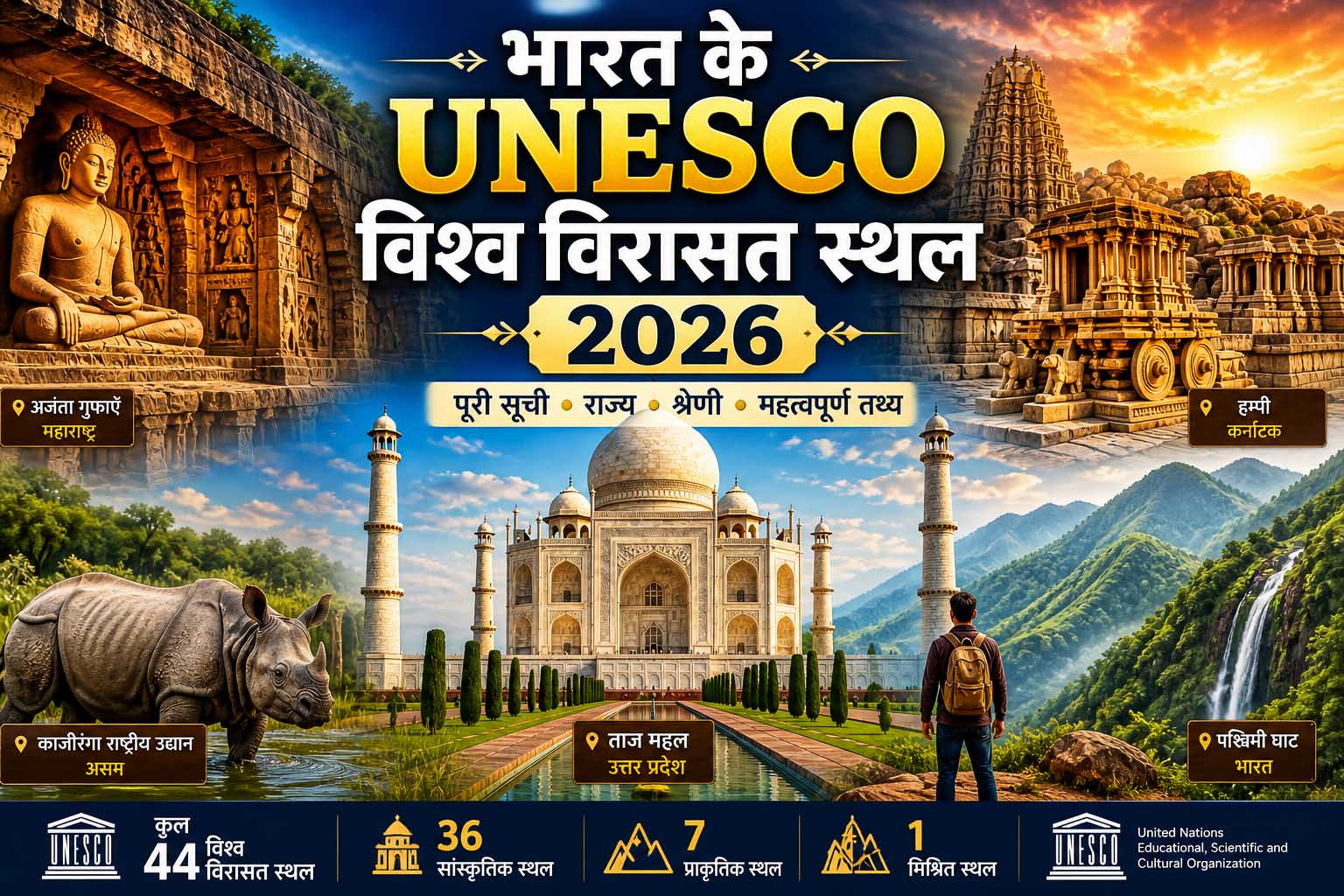 भारत के UNESCO विश्व विरासत स्थल 2026 का चित्र जिसमें Taj Mahal, Ajanta Caves, Hampi और Western Ghats दिखाए गए हैं
