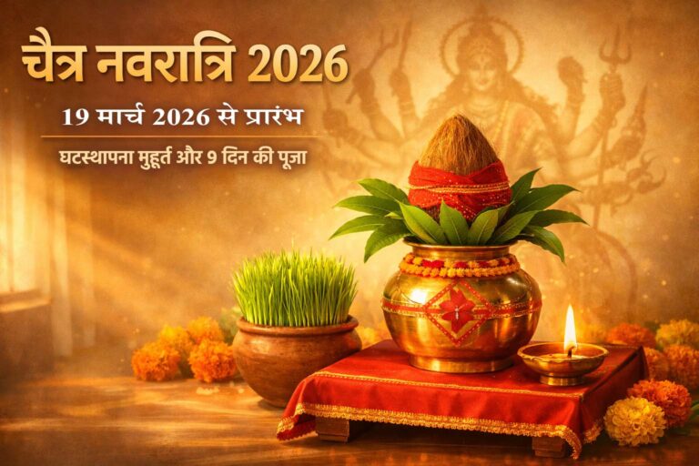 Chaitra Navratri 2026 Ghatasthapana Kalash with coconut, mango leaves, barley and diya in home temple setting