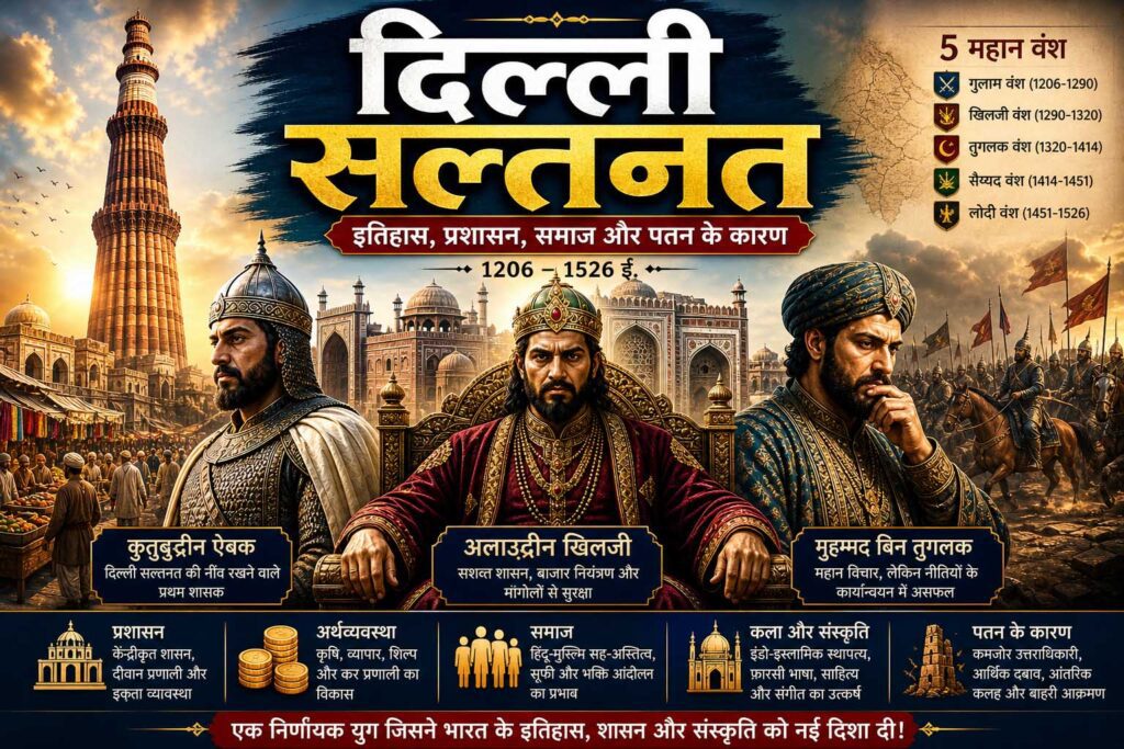 दिल्ली सल्तनत का दृश्य जिसमें अलाउद्दीन खिलजी का दरबार, कुतुब मीनार और मध्यकालीन शासन दिखाया गया है