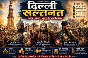 दिल्ली सल्तनत का दृश्य जिसमें अलाउद्दीन खिलजी का दरबार, कुतुब मीनार और मध्यकालीन शासन दिखाया गया है