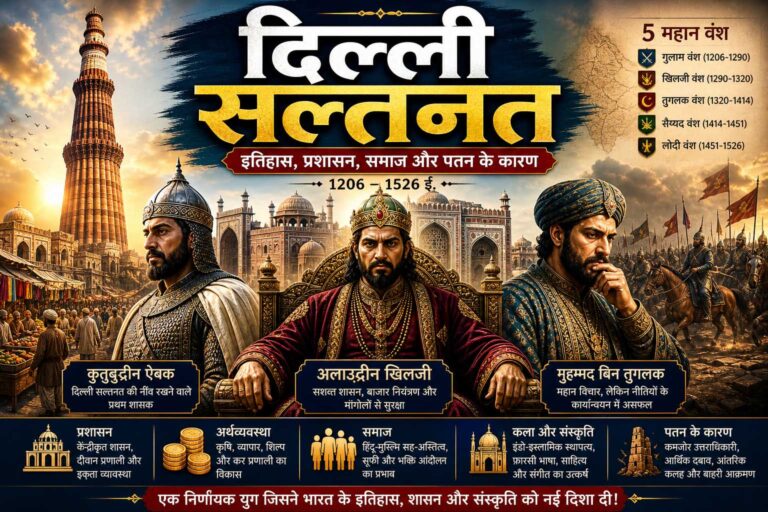 दिल्ली सल्तनत का दृश्य जिसमें अलाउद्दीन खिलजी का दरबार, कुतुब मीनार और मध्यकालीन शासन दिखाया गया है