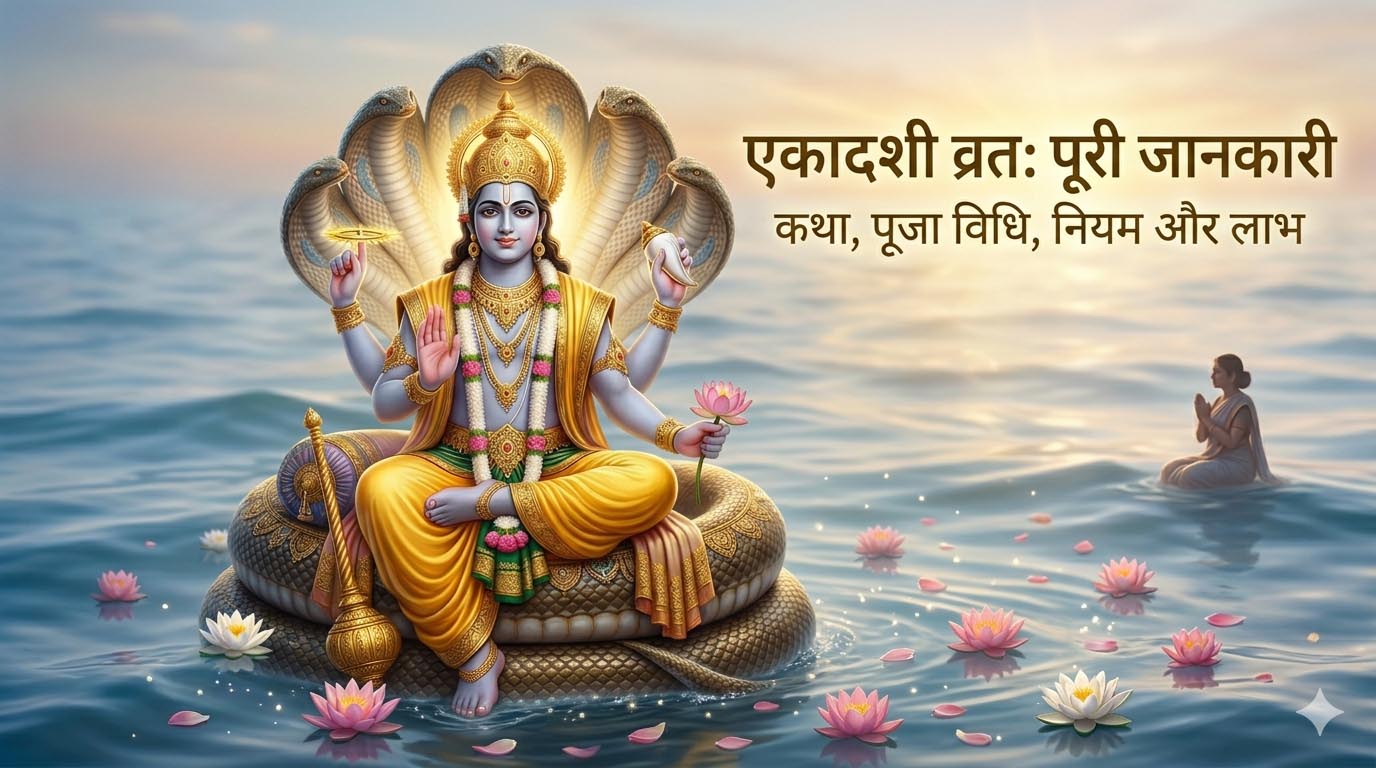 एकादशी व्रत पर भगवान विष्णु की पूजा करते हुए भक्त का दृश्य और व्रत की जानकारी