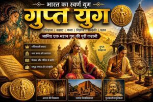 गुप्त युग का दृश्य जिसमें विक्रमादित्य का दरबार, विद्वान और स्वर्ण युग की समृद्धि दिखाई गई है