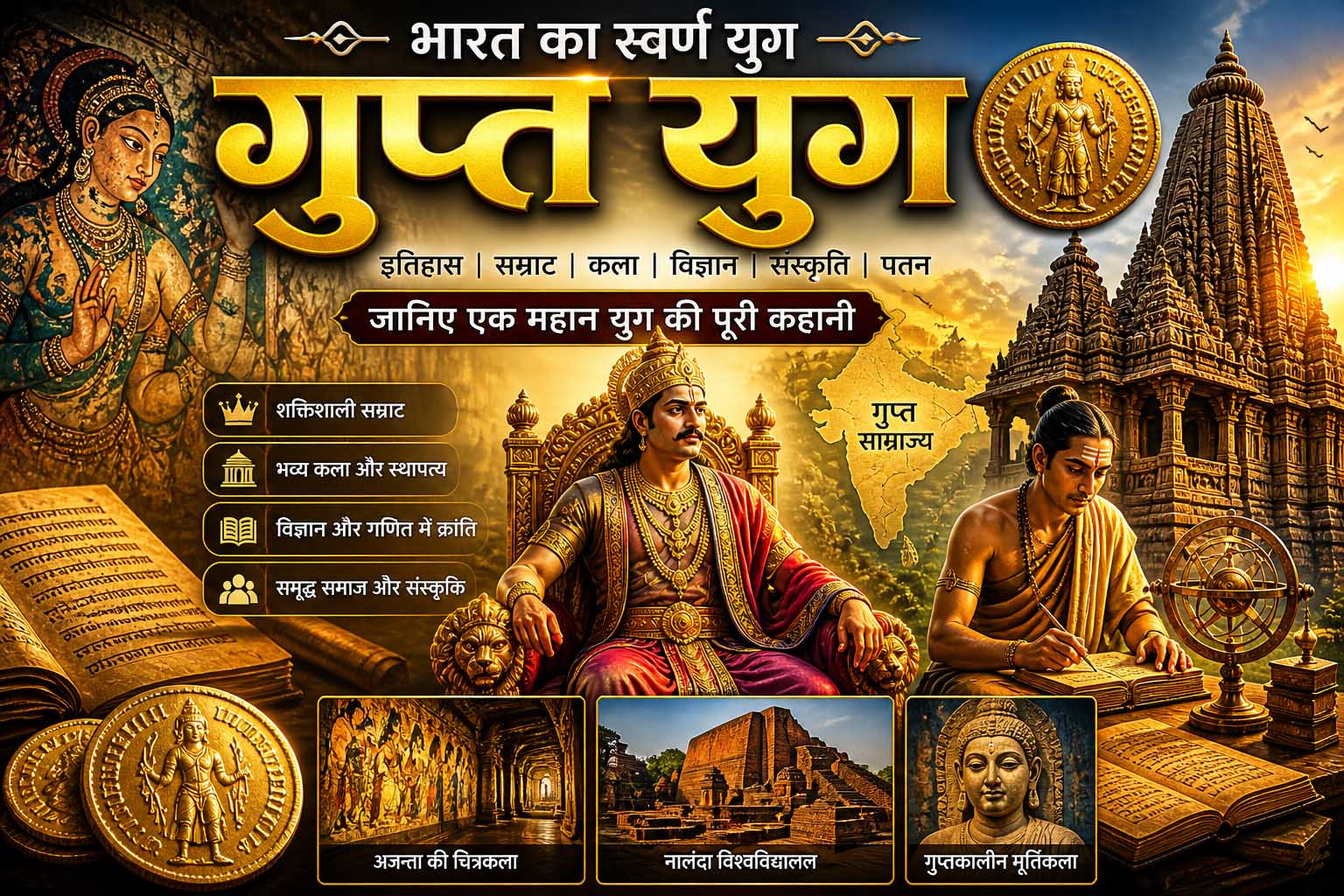 गुप्त युग का दृश्य जिसमें विक्रमादित्य का दरबार, विद्वान और स्वर्ण युग की समृद्धि दिखाई गई है
