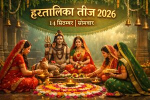 हरतालिका तीज 2026 में शिव पार्वती पूजा करती महिलाएं